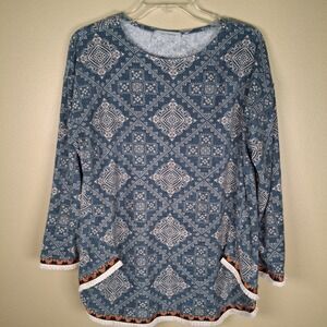 Ces Femme Women's Sweater Medium Long Sleeve Terry Cloth Boho Geo Fringe‎ Tunic